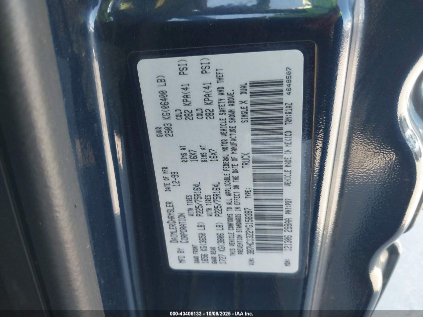 2000 Dodge Ram 1500 St VIN: 3B7HC13Z2YG158387 Lot: 43406133