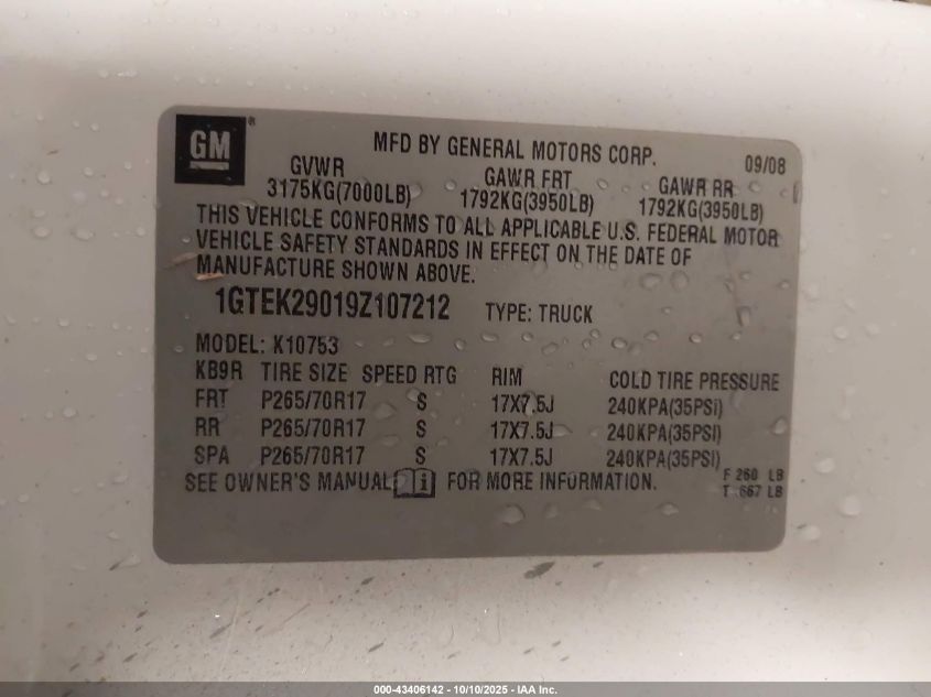 2009 GMC Sierra 1500 Sle VIN: 1GTEK29019Z107212 Lot: 43406142