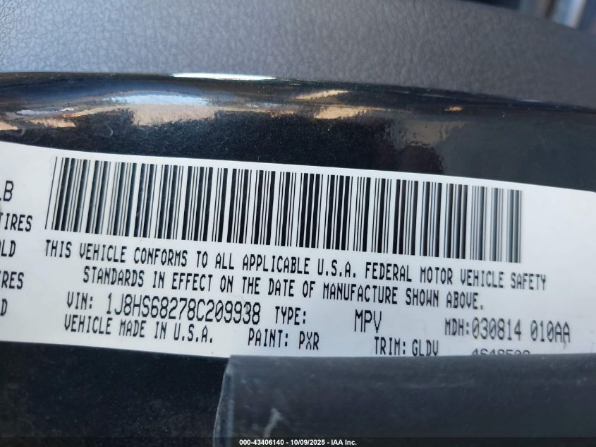 2008 Jeep Grand Cherokee Overland VIN: 1J8HS68278C209938 Lot: 43406140