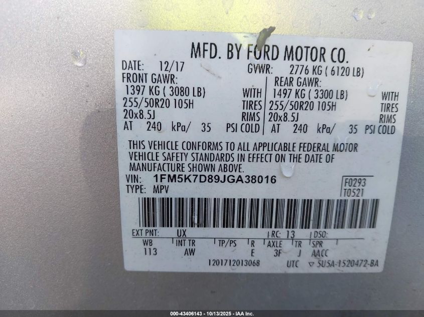 2018 Ford Explorer Xlt VIN: 1FM5K7D89JGA38016 Lot: 43406143