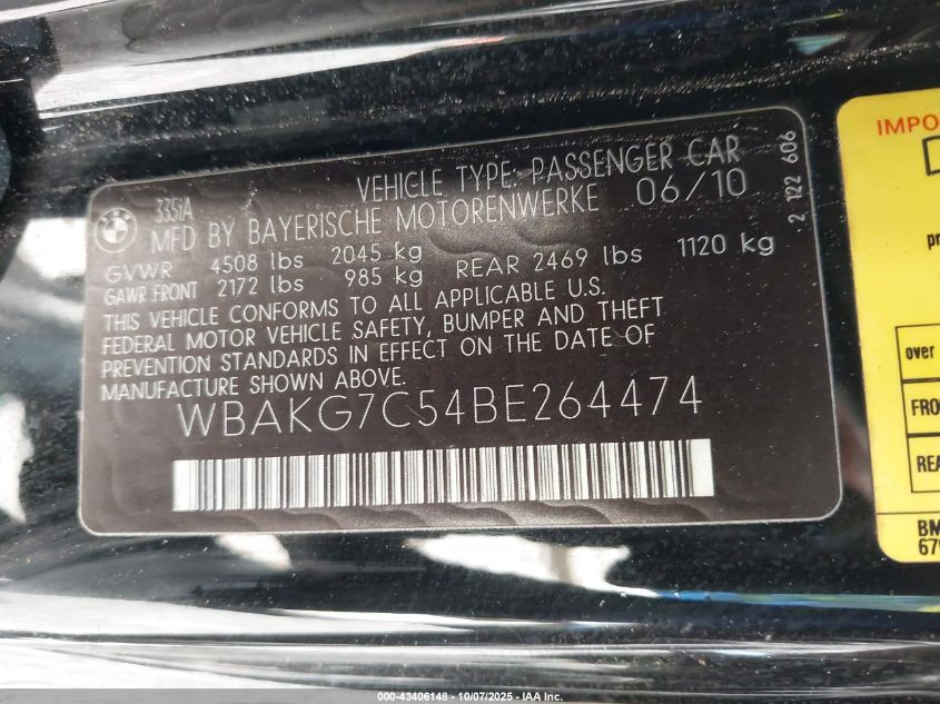 2011 BMW 335I VIN: WBAKG7C54BE264474 Lot: 43406148