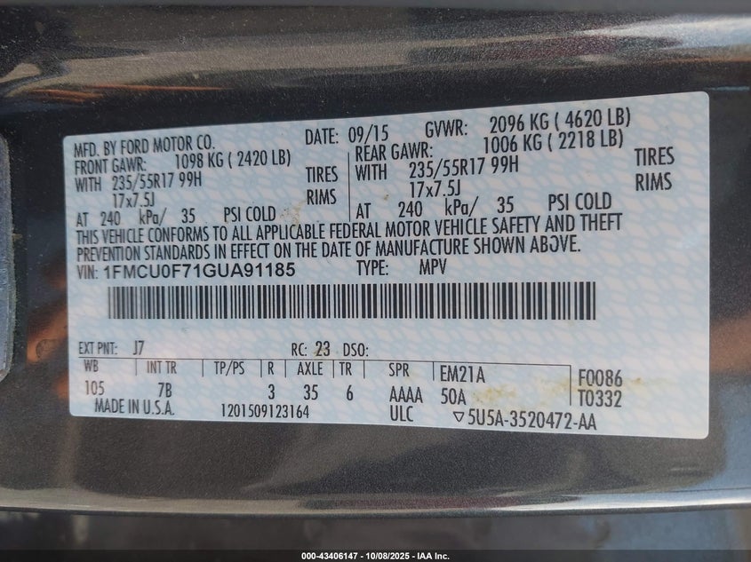 2016 FORD ESCAPE S 1FMCU0F71GUA91185