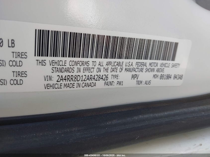 2010 Chrysler Town & Country Touring Plus VIN: 2A4RR8D12AR428426 Lot: 43406151