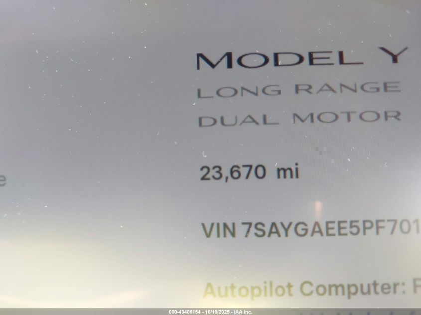 2023 Tesla Model Y Awd/Long Range Dual Motor All-Wheel Drive VIN: 7SAYGAEE5PF701866 Lot: 43406154