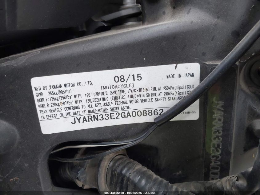 2016 Yamaha Fz09 VIN: JYARN33E2GA008862 Lot: 43406160