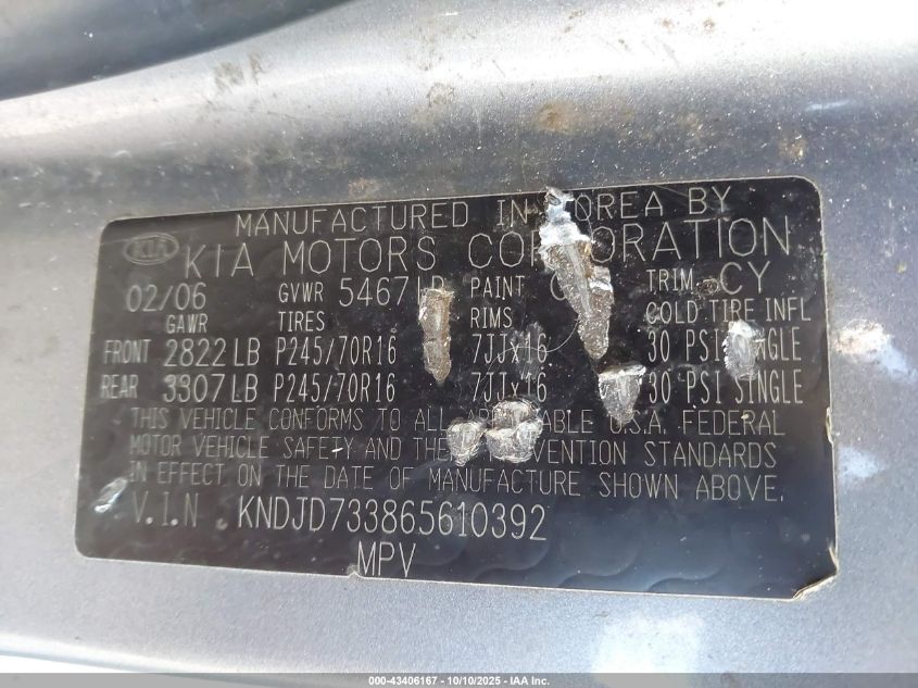 2006 Kia Sorento Ex/Lx VIN: KNDJD733865610392 Lot: 43406167
