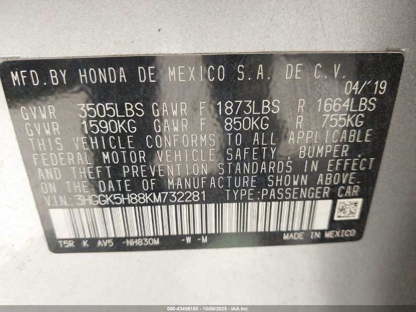 2019 Honda Fit Ex VIN: 3HGGK5H88KM732281 Lot: 43406180