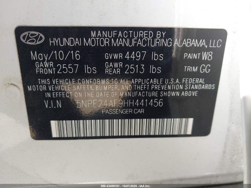 2017 Hyundai Sonata VIN: 5NPE24AF9HH441456 Lot: 43406181