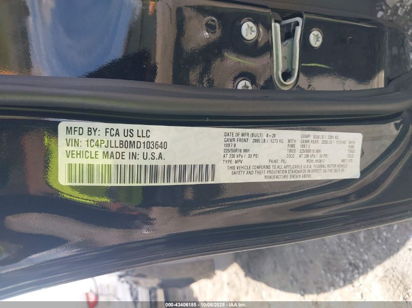 2021 Jeep Cherokee Altitude Fwd VIN: 1C4PJLLB0MD103640 Lot: 43406185