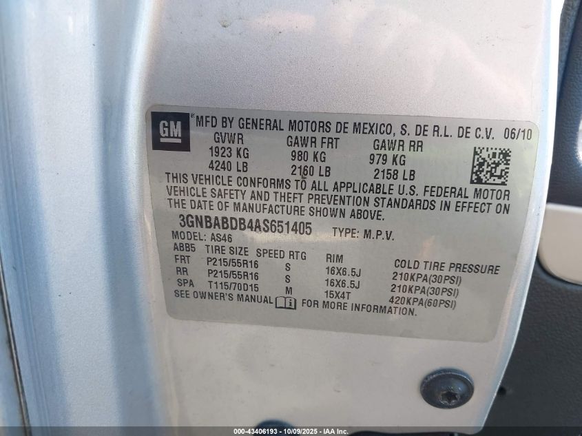 2010 Chevrolet Hhr Lt VIN: 3GNBABDB4AS651405 Lot: 43406193