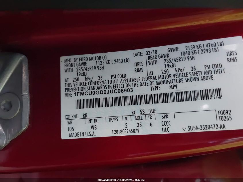 2018 Ford Escape Se VIN: 1FMCU9GD0JUC08903 Lot: 43406203