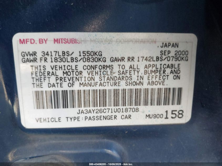 2001 Mitsubishi Mirage Es VIN: JA3AY26C71U018708 Lot: 43406205