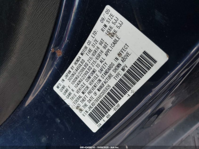 2006 Honda Cr-V Ex VIN: JHLRD788X6C005926 Lot: 43406210