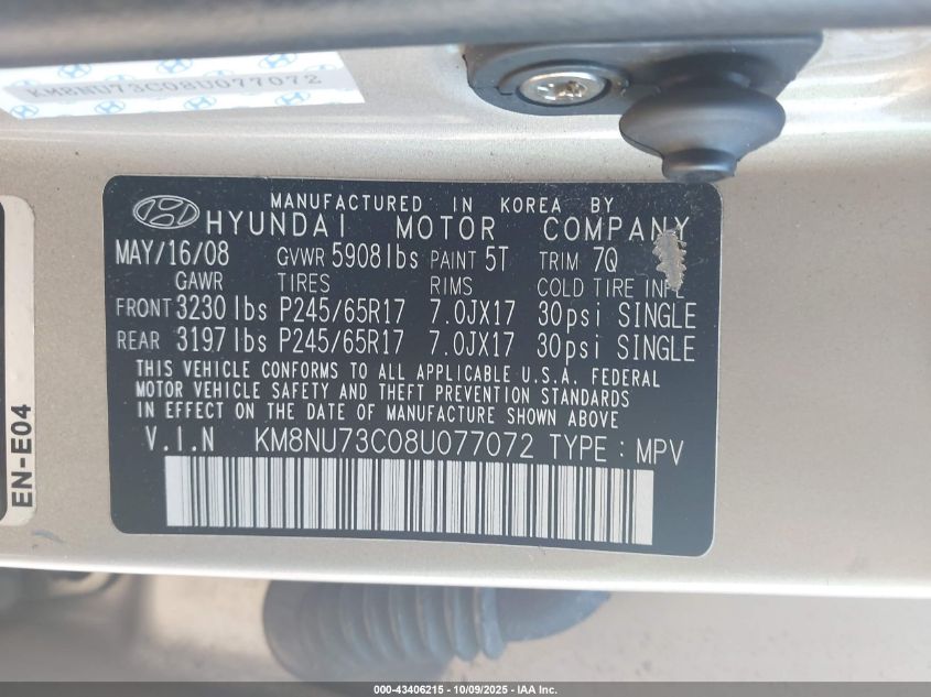 2008 Hyundai Veracruz Gls/Limited/Se VIN: KM8NU73C08U077072 Lot: 43406215