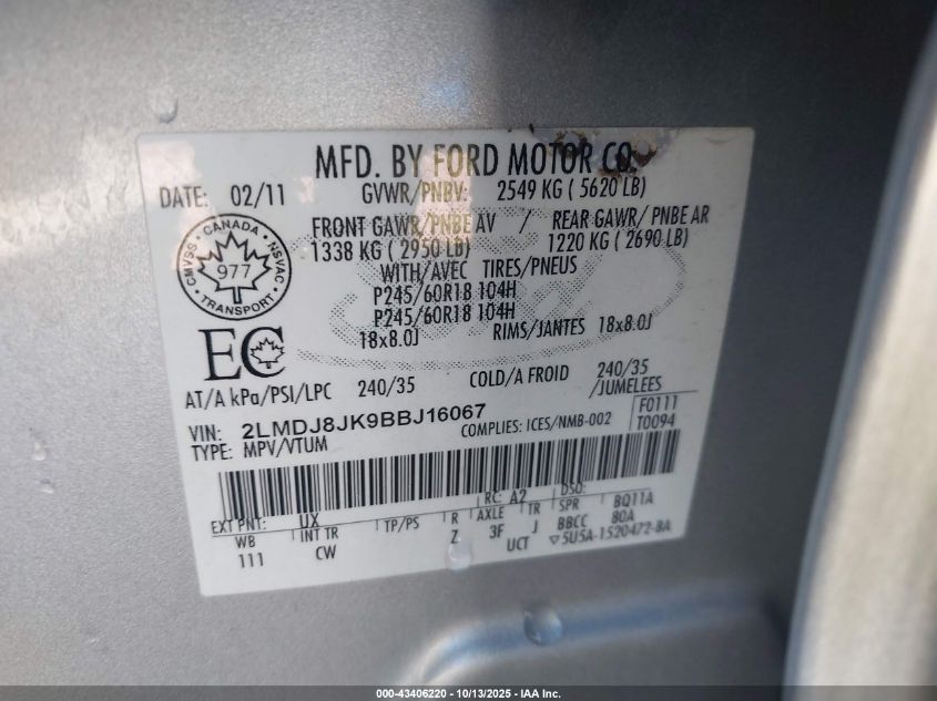 2011 Lincoln Mkx VIN: 2LMDJ8JK9BBJ16067 Lot: 43406220