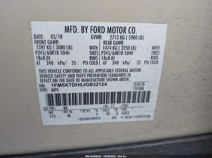 2018 Ford Explorer Xlt VIN: 1FM5K7DH0JGB32124 Lot: 43406230