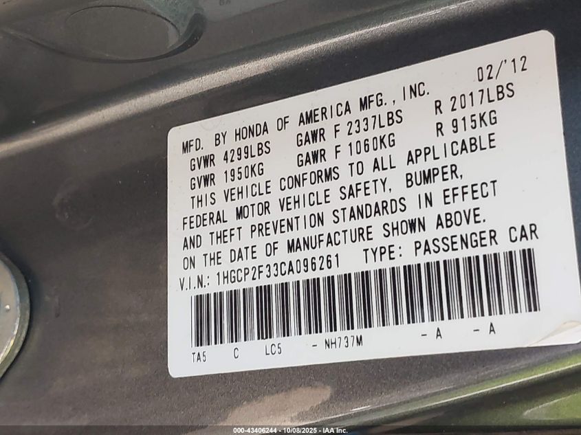 2012 Honda Accord 2.4 Lx VIN: 1HGCP2F33CA096261 Lot: 43406244