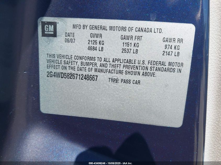2007 Buick Lacrosse Cxl VIN: 2G4WD582671248667 Lot: 43406246