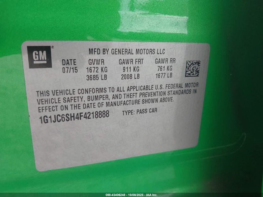 2015 Chevrolet Sonic Lt Auto VIN: 1G1JC6SH4F4218888 Lot: 43406248