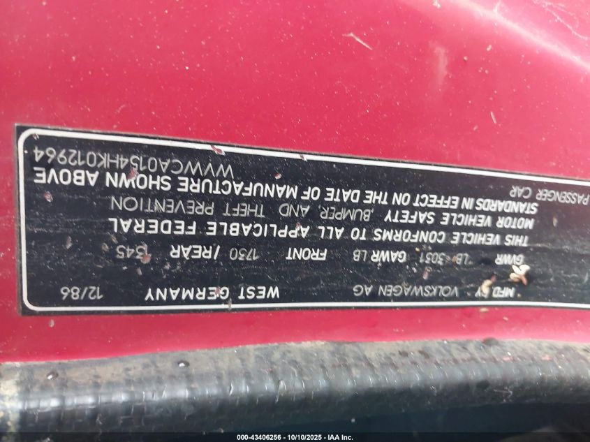 1987 Volkswagen Cabriolet VIN: WVWCA0154HK012964 Lot: 43406256