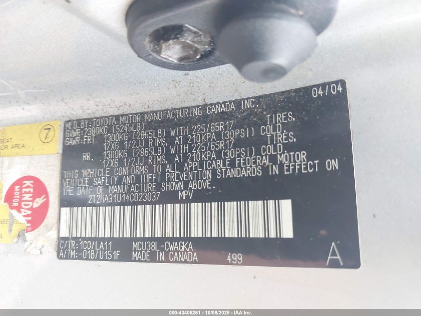 2004 Lexus Rx 330 VIN: 2T2HA31U14C023037 Lot: 43406261