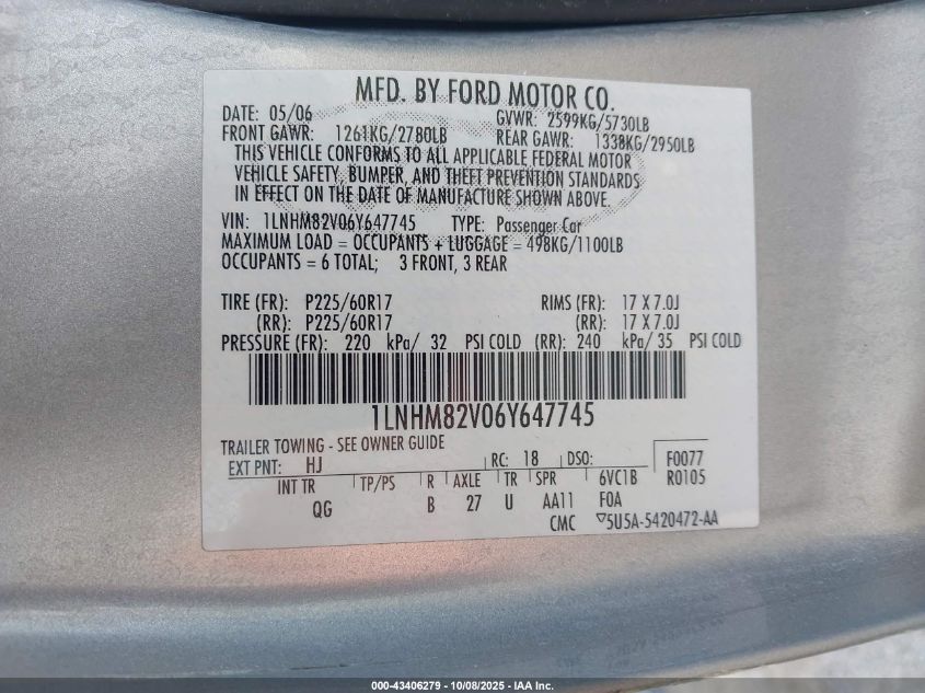 2006 Lincoln Town Car Signature Limited VIN: 1LNHM82V06Y647745 Lot: 43406279