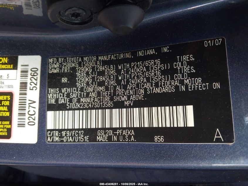 2007 Toyota Sienna Le VIN: 5TDZK23C47S013585 Lot: 43406281