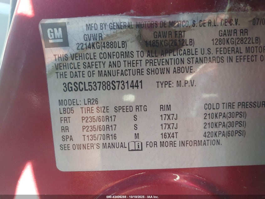 3GSCL53788S731441 2008 SATURN VUE photo no. 9