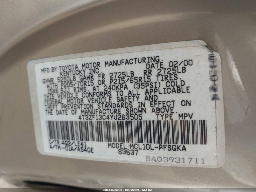 2000 Toyota Sienna Xle VIN: 4T3ZF13C4YU263505 Lot: 43406298