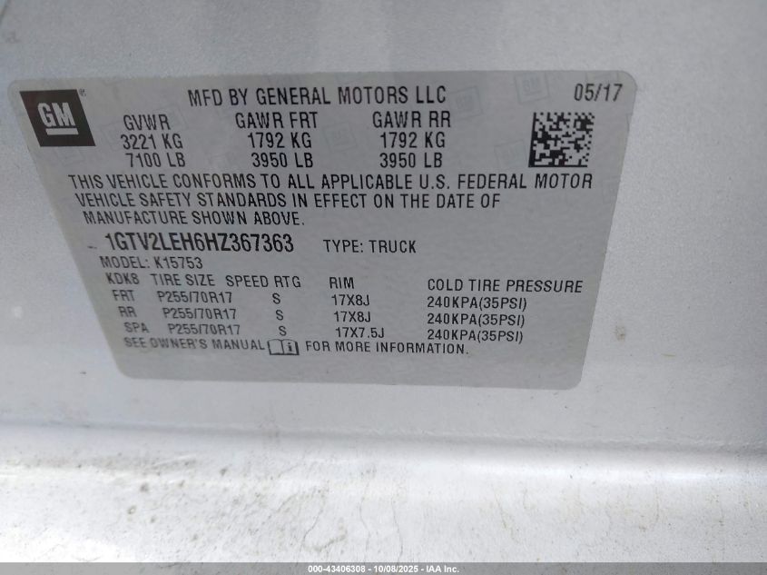2017 GMC Sierra 1500 VIN: 1GTV2LEH6HZ367363 Lot: 43406308