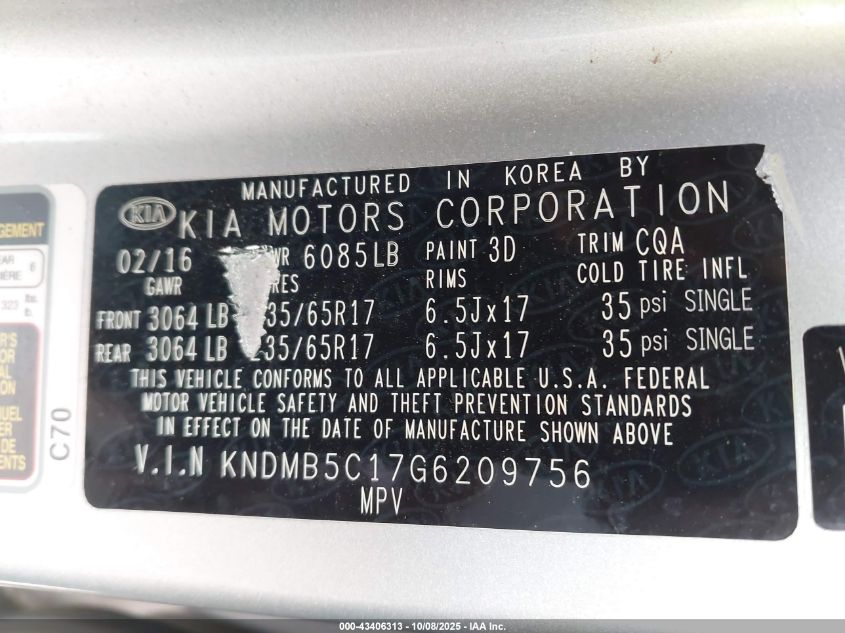 2016 Kia Sedona Lx VIN: KNDMB5C17G6209756 Lot: 43406313