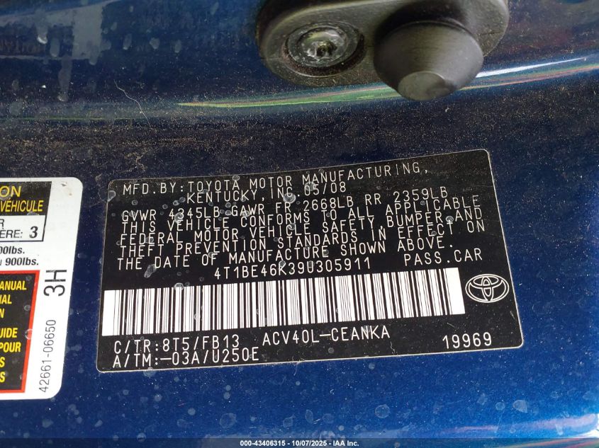 2009 Toyota Camry VIN: 4T1BE46K39U305911 Lot: 43406315