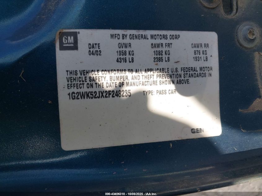 2002 Pontiac Grand Prix Se VIN: 1G2WK52JX2F248235 Lot: 43406318