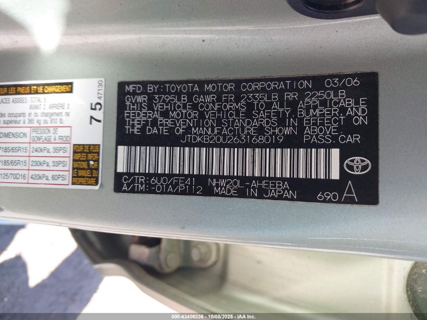 2006 Toyota Prius VIN: JTDKB20U263168019 Lot: 43406336