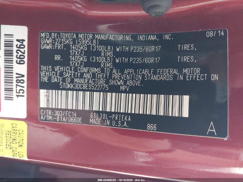 2014 Toyota Sienna Le VIN: 5TDKK3DC8ES522775 Lot: 43406339