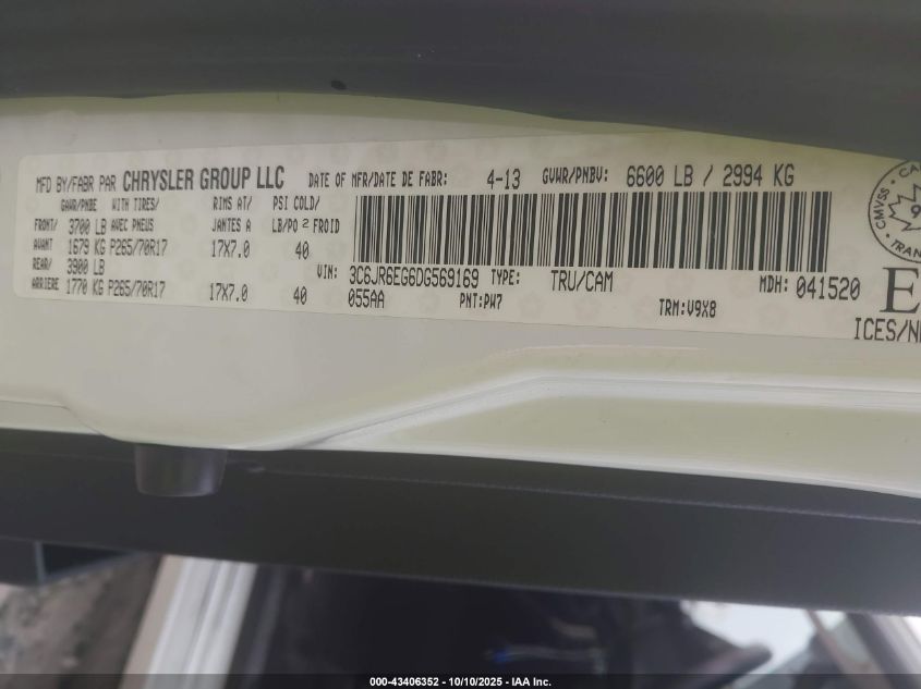 2013 Ram 1500 Slt VIN: 3C6JR6EG6DG569169 Lot: 43406352