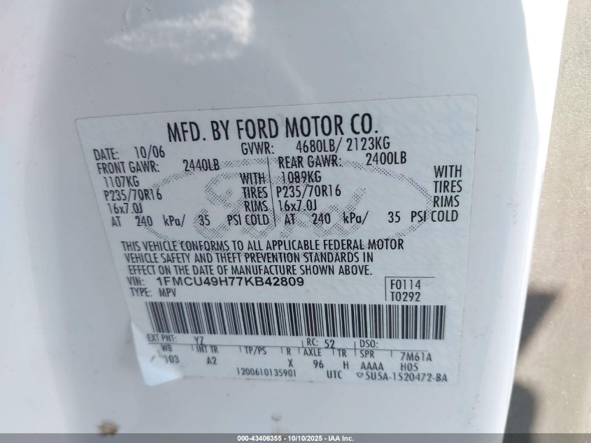 2007 Ford Escape Hybrid VIN: 1FMCU49H77KB42809 Lot: 43406355