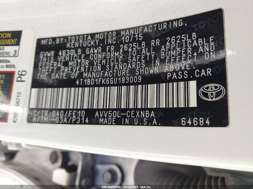 2016 Toyota Camry Hybrid Le VIN: 4T1BD1FK6GU183009 Lot: 43406360