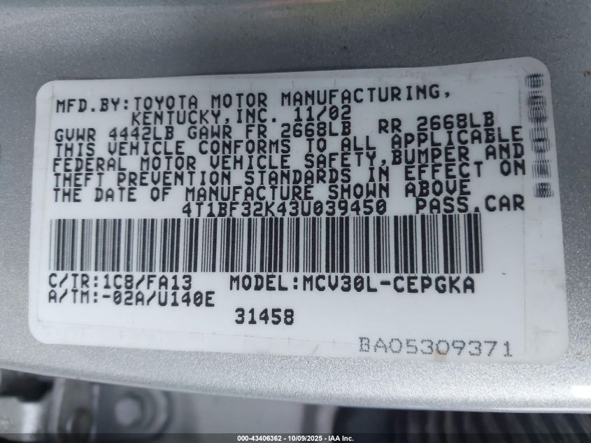 2003 Toyota Camry Xle V6 VIN: 4T1BF32K43U039450 Lot: 43406362