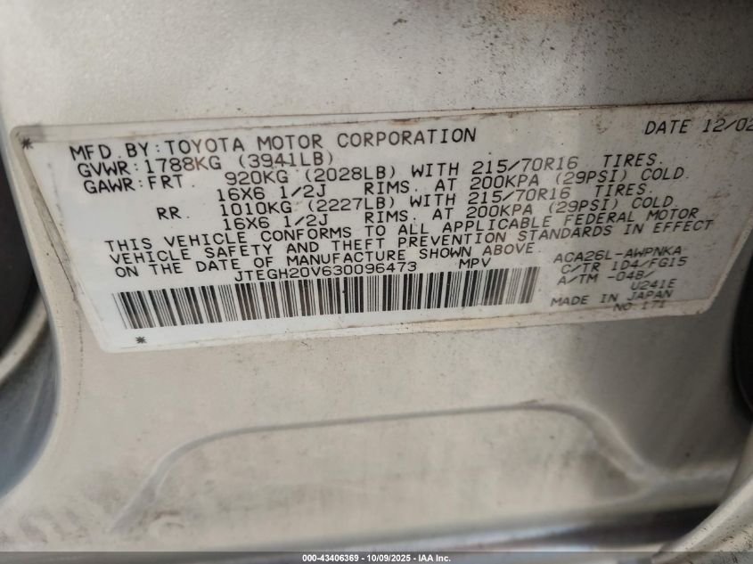 2003 Toyota Rav4 VIN: JTEGH20V630096473 Lot: 43406369