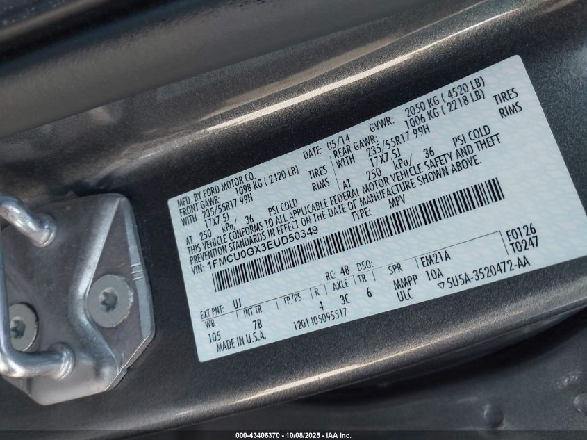 2014 Ford Escape Se VIN: 1FMCU0GX3EUD50349 Lot: 43406370