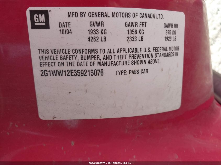 2005 Chevrolet Monte Carlo Ls VIN: 2G1WW12E359215076 Lot: 43406373