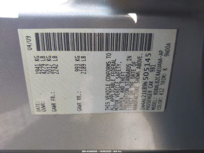 2009 Nissan Altima 2.5 S VIN: 1N4AL21E89N505145 Lot: 43406388