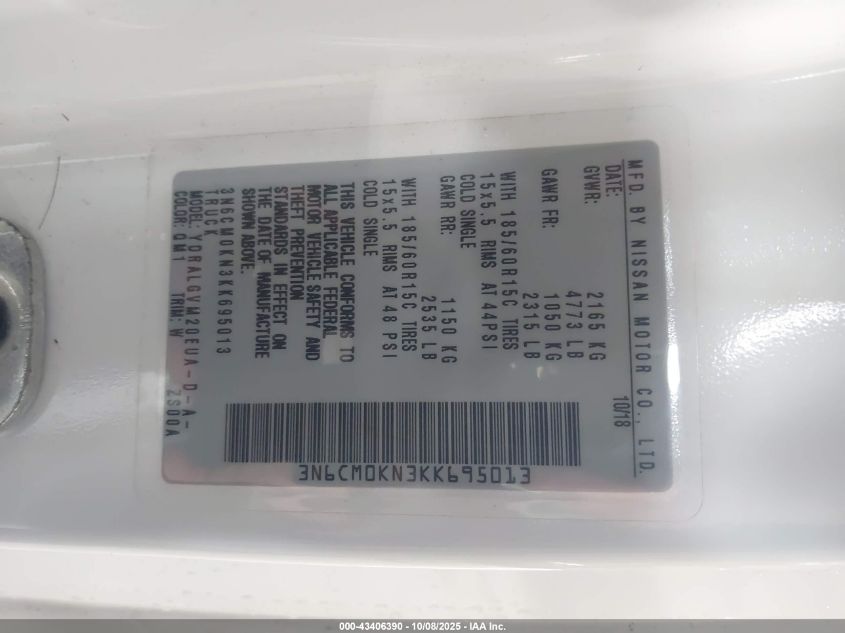 2019 Nissan Nv200 Sv VIN: 3N6CM0KN3KK695013 Lot: 43406390