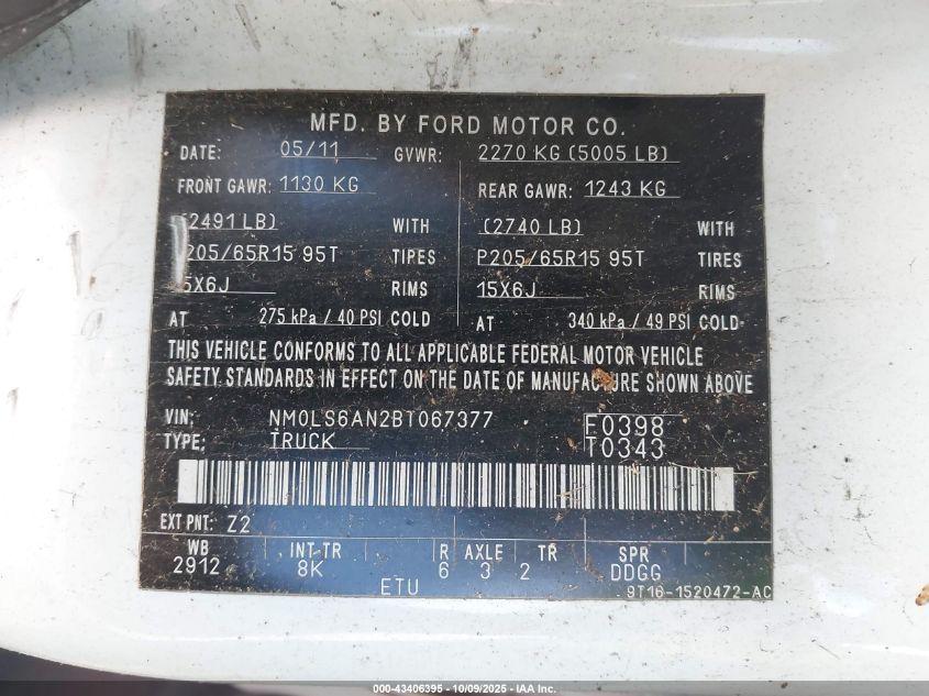 2011 Ford Transit Connect Xl VIN: NM0LS6AN2BT067377 Lot: 43406395