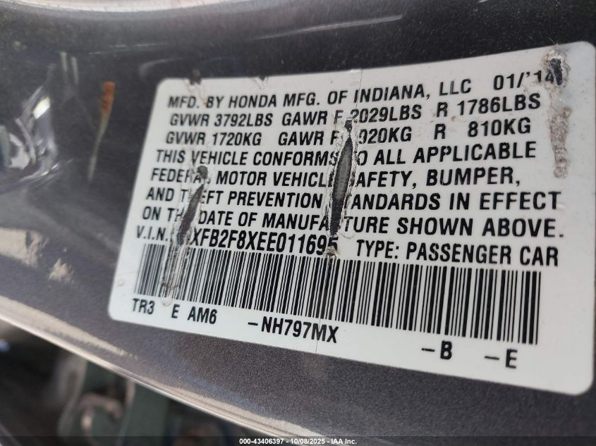 2014 Honda Civic Ex VIN: 19XFB2F8XEE011695 Lot: 43406397