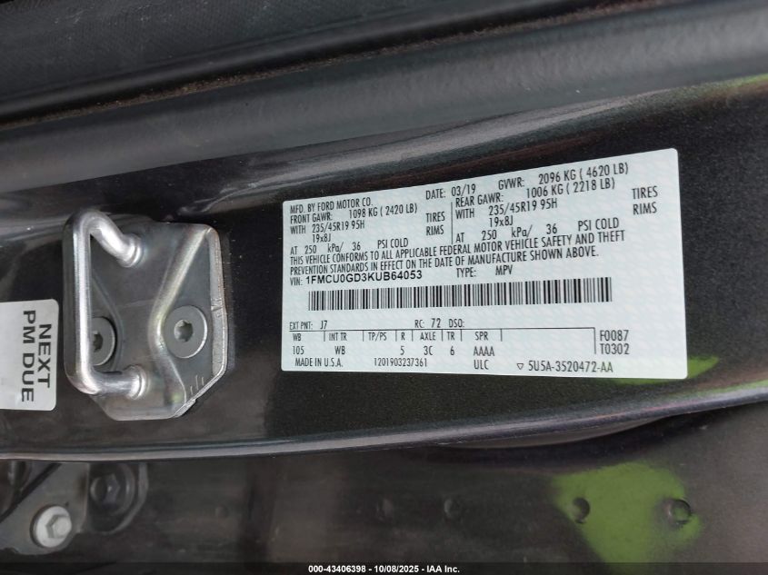 2019 Ford Escape Se VIN: 1FMCU0GD3KUB64053 Lot: 43406398