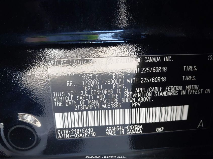 2020 Toyota Rav4 Hybrid Limited VIN: 2T3DWRFV1LW051885 Lot: 43406401