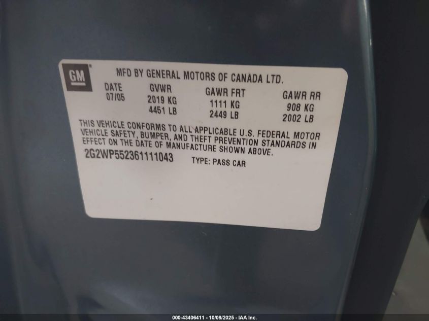 2006 Pontiac Grand Prix VIN: 2G2WP552361111043 Lot: 43406411
