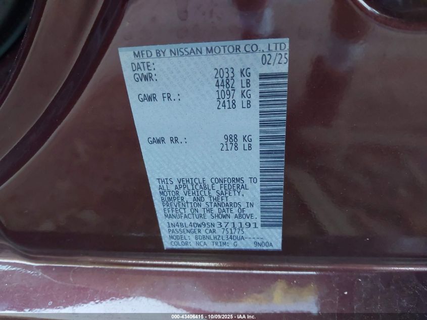 2025 Nissan Altima Sv Awd VIN: 1N4BL4DW9SN371191 Lot: 43406415